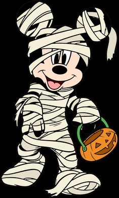 a mickey mouse dressed up as a halloween jack - o'- lanterner with bandages on