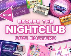 the poster for escape the nightclub 80s's mystery is shown in pink and purple