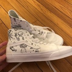 White alien vans size 8.5 womens 7 mens White Alien, Vans Womens, Diy Sneakers, Vans White, White High Tops, White Vans, Painted Clothes, Men's Vans, Vans Shoes