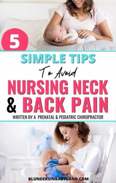 a woman breasting her baby in bed with the title 5 simple tips to avoid nursing neck and back pain