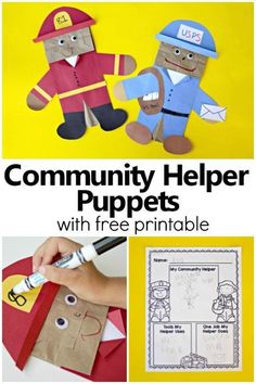 community helper puppets with free printables for kids to make and play on