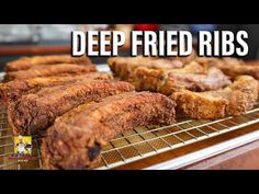 deep fried ribs on a rack with the words deep fried ribs over it's image