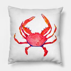 a watercolor painting of a red crab on a white pillow