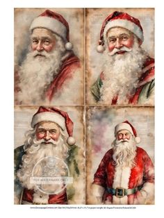 four pictures of santa claus with different facial expressions and beards, each wearing a red hat