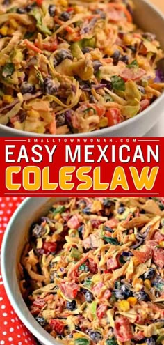 mexican coleslaw in two bowls on a red and white tablecloth