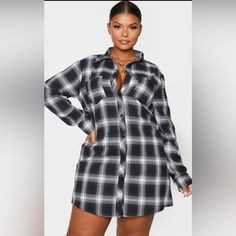 Black Checked Oversized Shirt Dress New With Tags Never Worn Black Relaxed Fit Button-up Shirt Dress, Chic Black Relaxed Fit Shirt Dress, Chic Black Shirt Dress With Relaxed Fit, Trendy Oversized Shirt Dress For Fall, Casual Black Shirt Dress For Daywear, Oversized Black Dress For Day Out, Oversized Black Collared Dress, Trendy Collared Black Shirt Dress, Black Oversized Collared Dress