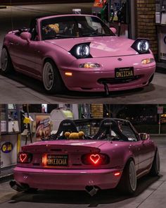 two pictures of a pink sports car with hearts on the front and side lights in the back