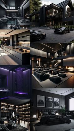 a collage of photos showing different rooms and furniture in various stages of being lit up