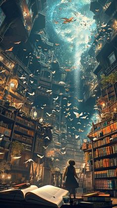 a woman standing in front of a book filled with lots of books and flying birds