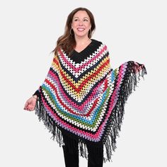 Buy Tamsy Black with Multicolor Stripe Pattern Cotton Hand Chrochet Poncho - One Size Fits Most at ShopLC. Cotton Shawl Poncho, Multicolor Granny Square Poncho One Size, One Size Multicolor Granny Square Poncho, Multicolor Cotton Poncho For The Beach, Pattern Minimal, Poncho Design, Santa Fe Style, Gold Chain Jewelry, Crochet Poncho