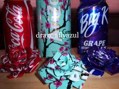 four different types of sodas and candy wrappers on a table with the words dancefully around them