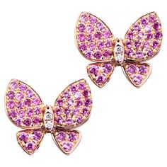 Alex Jona design collection, hand crafted in Italy, 18 karat rose gold butterfly stud earrings set with 4 white diamonds weighing 0.02 carats in total and 0.74 carats of pink sapphires. Dimensions: 0.47 in H x 0.511 in W x 0.11 in D - 12 mm H x 13 mm W x 3 mm D Alex Jona jewels stand out, not only for their special design and for the excellent quality of the gemstones, but also for the careful attention given to details during all the manufacturing process. Alex's passion for jewels flows in splendid pieces entirely hand-crafted according to the best goldsmith Italian tradition. This piece will arrive at your door beautifully gift wrapped in Alex Jona boxes, put inside an elegant pouch or jewel box. OUR STORY Walking past number eight of Via Bogino, Palazzo Balbo di Vinadio, a baroque buil Elegant Pouch, Rose Gold Butterfly, Butterfly Stud Earrings, Butterfly Earrings Stud, Jewel Box, Gold Butterfly, Design Collection, Stud Earrings Set, Manufacturing Process