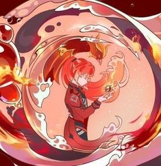 an anime character with red hair holding a glass ball