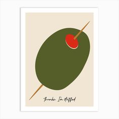 an art print with a green olive and a red cherry on the tip, in white frame