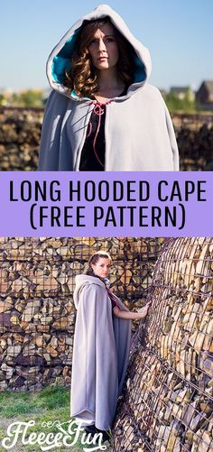 a woman standing next to a stone wall and wearing a cape with the words long hooded cape free pattern