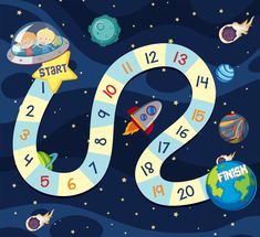 a board game with numbers and planets in the sky, as well as an image of children's toys