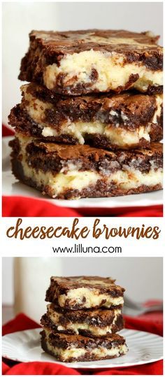 chocolate brownies stacked on top of each other with the words cheesecake brownies above them