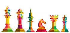 the colorful chess pieces are all different colors