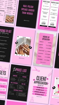 the pink and black brochure is displayed with different items for sale on it