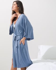 Wrap up your lounging in cool style. our Soma Intimates exclusive Cool Nights® kimono-sleeve robe has a relaxed shape with a tie-belt that's made for comfort and ease. It's designed with our soft Cool Nights® fabric that stays cool to the touch. It's soft, cool and completely comfortable every time you slip it on. Details Cool Nights® fabric is made with lightweight rayon fibers that stay cool to the touch and keep the fabric from sticking to your body. Removable belt. 3/4-length kimono-style sl V-neck Robe With Tie Waist For Loungewear, Spring Lounging Wrap Sleepwear, Spring Wrap Robe With Relaxed Fit, Wrap Robe For Relaxation In Spring, Spring Wrap Robe For Relaxation, Spring Long Robe With Relaxed Fit, Summer Kimono Sleeve Sleepwear, Summer Sleepwear With Kimono Sleeves For Loungewear, Summer Sleepwear With Kimono Sleeves