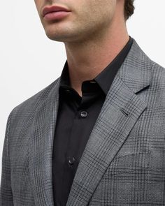 Giorgio Armani blazer featuring a plaid windowpane motif in a wool-silk blend.Notched lapels; two-button front.Basted sleeves.Chest welt pocket; side flap pockets.Double-vented back.Virgin wool/silk/linen.Lining: Viscose.Dry clean.Made in Italy Model is 6'1'/185cm. Armani Blazer, Silk Linen, Mens Plaid, Armani Men, Giorgio Armani, Flap Pocket, Welt Pocket, Men's Clothing, Neiman Marcus