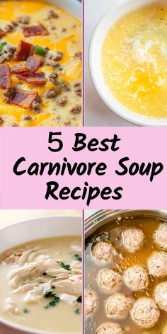 five different soups with the words 5 best carnivor soup recipes