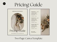 the pricing guide for two page canvass is displayed in front of a pair of shoes