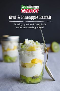 kiwi and pineapple parfait in a jar with a spoon on the side