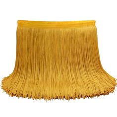 a yellow fringe lamp shade on a white background