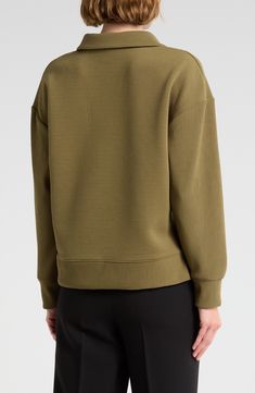 Get comfy in this half-zip sweater knit from soft yarns with a sporty rib-knit texture. V-neck with half-zip closure
 Spread collar 98% polyester, 2% elastane Machine wash, tumble dry Imported Athleisure Funnel Neck Sweater, Sporty Half-zip Sweater With Ribbed Cuffs, Spring Half-zip Loungewear Sweater, Spring Half-zip Sweater For Loungewear, Half-zip Sweater With Ribbed Cuffs For Loungewear, Sporty Half-zip Sweater, Half-zip Stretch Sweater, Winter Athleisure Sweater With Ribbed Collar, Cozy Half-zip Top With Ribbed Cuffs