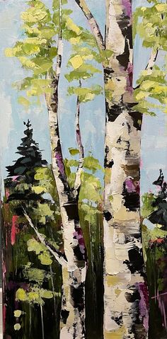 a painting of some trees in the woods