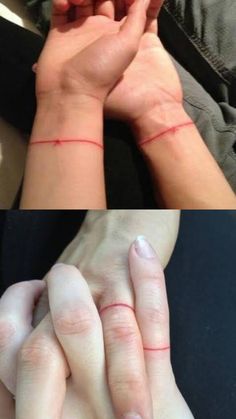 two pictures of hands holding each other with red lines on their thumbnails and fingers