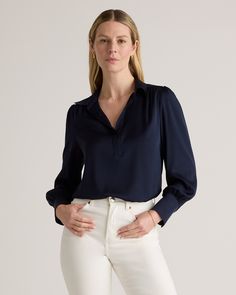 A cross between a classic polo and a feminine blouse, this softly ruched pullover is a fresh spin on the silk shirt. Crafted from premium mulberry silk with a hint of stretch, our Washable Stretch Silk Split Neck Blouse feels incredibly soft and silky to the touch but is incredibly easy to care for. With a gorgeous drape and relaxed cut, it's sure to be your new go-to.  | Quince | Women's Washable Stretch Silk Split Neck Blouse in Navy, Size Medium, Mulberry Silk Silk Blouse Ideas, Silk Blouse Outfit, Blouse Ideas, Feminine Blouses, Women Outfit, Ideas For, Woven Top, Blouse Outfit, Mind Blowing