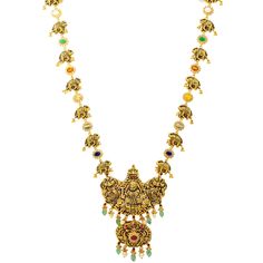 Pair this unique antique gold Laxmi necklace with your favorite traditional or cultural attire for a stylish look. The rich blue sapphires, rubies, emeralds, pearls, and cubic zirconia coupled with an antique finish allow the details on this beautiful temple jewelry necklace for women to stand out. Features• 22K Antique Gold.• Emeralds. • Rubies. • Pearls.• Sapphires.• Cubic Zirconia.Specifications• Minimum Necklace Width - 2 millimeters • Maximum Necklace Width - 68 millimeters• Necklace Length Temple Jewelry Necklace, Gold Bead Necklace, Unique Antiques, Temple Jewellery, Gold Beads, Antique Gold, Blue Sapphire, Cubic Zirconia, Womens Necklaces