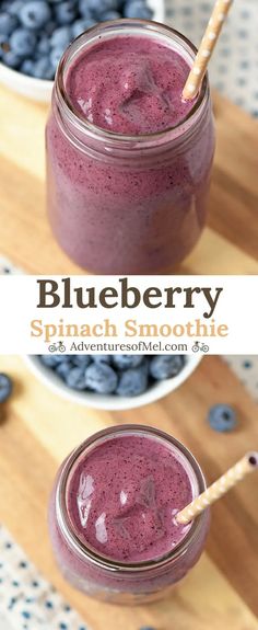 blueberry spinach smoothie in two mason jars with straws on the side