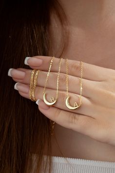 Crescent Moon Letter Necklace, Tiny Gold Diamond Initial Necklace, 14k 18k 10k Solid Gold Necklace, Personalized Birthday Gift for Her FEATURES * Solid Gold (real gold, not gold plated or gold filled material) * Gold Karat: 10K (417) - 14K (585) - 18K (750) (optional) * Pendant Height: 0.56 Inches (1.41 cm) * Pendant Width: 0.52 Inches (1.33 cm) * Available Gold Color: Yellow gold, rose gold and white gold (optional) * Diamond color: G-H Color * Diamond clarity: SI Wholesale requests are welcome Fine Jewelry Crescent Necklace As Gift, Fine Jewelry Moon-shaped Necklace For Anniversary, Fine Jewelry Moon Necklace For Anniversary, 14k Gold Moon Phase Necklace, Fine Jewelry 14k Gold Moon Phase Necklace, Fine Jewelry Moon Phase Necklace In 14k Gold, Crescent Moon Charm Necklace For Anniversary, Anniversary Crescent Moon Charm Necklace, 14k Gold Moon Phase Jewelry For Anniversary