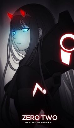 an anime character with horns on her head and blue eyes, standing in front of a dark background