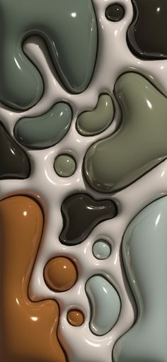 an abstract painting with different colors and shapes on it's surface, including black, brown, green, orange, and white