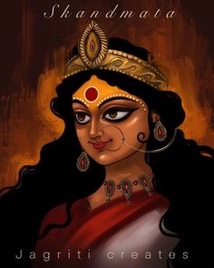 an artistic painting of a woman with black hair and gold jewelry on her face, wearing a red sari