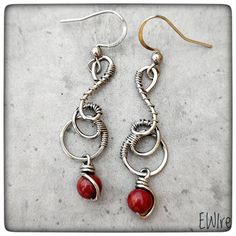 "The jewelry is delivered by Fedex, the delivery time is 3-4 working days! I bent these earrings from stainless steel wire. The wire type is 316L surgical metal wire. I decorated it with an 5mm painted coral beads. The lever back closure is stainless steel, but not 316L. The high-gloss steel wire I use is a great alternative to silver wire.  It has a deeper gray color than silver.  However, this color is hereditary, does not change.  It does not oxidize, blacken, or discolor.  It gives a very stable jewelry shape.       Parameters: Total height appr.: 5 cm.(2\") I will send the jewel in bubble wrap or in a small box. You can find more earrings from me here: https://www.etsy.com/shop/EWirehu?ref=search_shop_redirect&section_id=28201898 Thank you for your visit!" Unique Nickel-free Wire Earrings, Nickel-free Wire Wrap Earrings Gift, Red Wire Wrapped Metal Earrings, Pierced Dangle Earrings With Wire, Gift Wire Wrapped Silver-plated Earrings, Hypoallergenic Dangle Wire Earrings, Nickel Free Dangle Earrings Made Of Wire, Nickel-free Metal Wrap Earrings As Gift, Nickel-free Metal Wrap Earrings For Gift