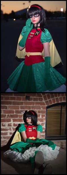 two different pictures of a woman dressed in costume