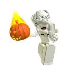 a white robot holding a burning pumpkin in his right hand and wearing a crown on it's head