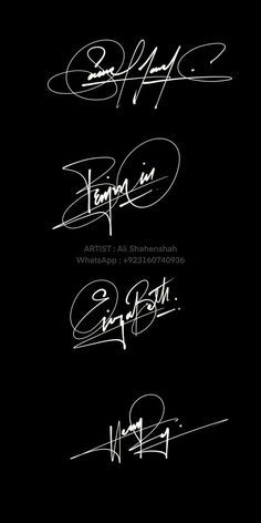 four different types of handwriting written in white ink on a black background with the words'writing