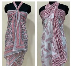 "Colorful, woodblock printed, cotton sarong, perfect for a day by the shore or to lounge in comfort at home. Wrap it in a variety of ways, as a beach dress (see photo), or around the waist, or simply use it to lie on at the beach. A versatile addition to any wardrobe! Measures 44\" x 72\"(180cm x110cm ) *Made of 100% cotton. *Hand Block printed *Machine wash on warm/cold *Production Capacity: 1000 Naturally occurring dye variations are found on all hand printed textiles, making each piece unique White Printed Cotton Sarong, Traditional White Cotton Sarong, Block Print Scarf, Hand Printed Textiles, Cotton Bedsheets, Indian Block Print, Scarf Gift, Hand Block Print, Cotton Scarf