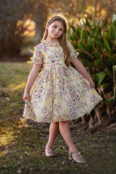 VERA DRESS YELLOW FLORAL Crepe Dress Designs, Floral Dress For Kids, Dress Kids Girl, Indian Frocks, Frock Designs For Girl, Frocks For Kids, Kids Dress Collection, Simple Frocks, Kids Frocks Design