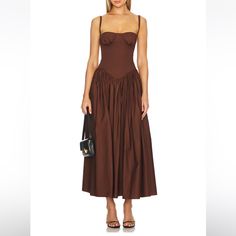 Tularosa Emma Midi Dress In Chocolate Brown. Size Xs. Worn Once (As Shown In Photo, Desperately Needed A Steam - I Also Have No Boobs, Unfortunately.) Incredibly Flattering. Refer To Measurements On Website For Sizing. Brown Dress Revolve. Purchased From Revolve. Fitted Brown Maxi Dress For Brunch, Embroidered Top Designs, Corset Midi Dress, Chocolate Brown Color, Romantic Dress, Metallic Dress, Dress C, Brown Dress, Latest Outfits