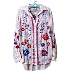 Johnny Was Piper Relaxed Oversized Shirt This Piper Relaxed Oversized Shirt Sports A Feminine Look In A Relaxed Fit, And Crafted Using A Super-Soft Fabric. This Stylish Shirt Features Allover Eye-Catching Floral Embroidery, Classic Spread Collar, Center Front Button Closure, Dropped Shoulders, Yoked Back, Long Sleeves With Buttoned Cuffs, And A High-Low Hemline. Size Xs New With Tags Thank You For Shopping Our Posh Closet! Item Will Be Dropped Off At Usps Same/Next Day Smoke Free Home *Please No Oversized Spring Blouse With Floral Embroidery, Oversized Floral Embroidery Blouse For Spring, Oversized Floral Embroidered Blouse For Spring, Pink Floral Embroidered Blouse For Daywear, Pink Embroidered Button-up Blouse, Embroidered Oversized Summer Shirt, Pink Button-up Tops With Floral Embroidery, Summer Oversized Embroidered Shirt, Oversized Embroidered Shirt For Summer