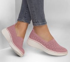 Look stylish all around with flexible easy-wearing comfort in Skechers Wilshire Blvd. This pull-on features a Stretch Fit crochet knit upper with scalloped trim and a cushioned Skechers Air-Cooled Memory Foam comfort insole. | Skechers Women's Wilshire Blvd Loafer Shoes | Medium Width | Skechers Air-Cooled Memory Foam comfort insole | Stretch Fit design for sock-like comfort | Crafted with 100% vegan materials | Pull-on crochet knit upper with scalloped trim | Flexible traction outsole | Machine Rose Style, Scalloped Trim, Skechers Women, 2 Inch Heels, Skechers Shoes, Look Stylish, End Of Summer, Personal Marketing, Material Design