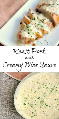 roast pork with creamy wine sauce in a white bowl and on a plate next to it