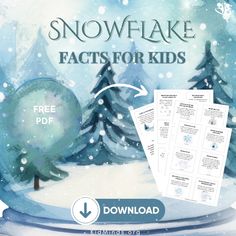 the snowflake fact for kids worksheet is shown in front of a snowy scene